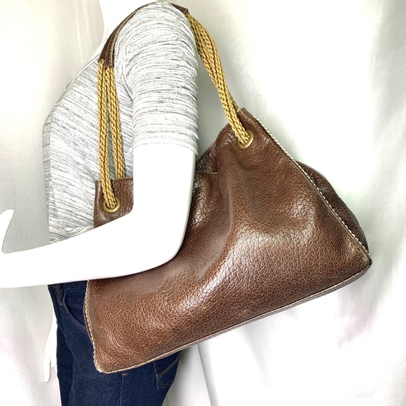 Plinio Visona Italian Brown Textured Leather Large Shoulder Bag Braided Handles - Picture 2 of 13